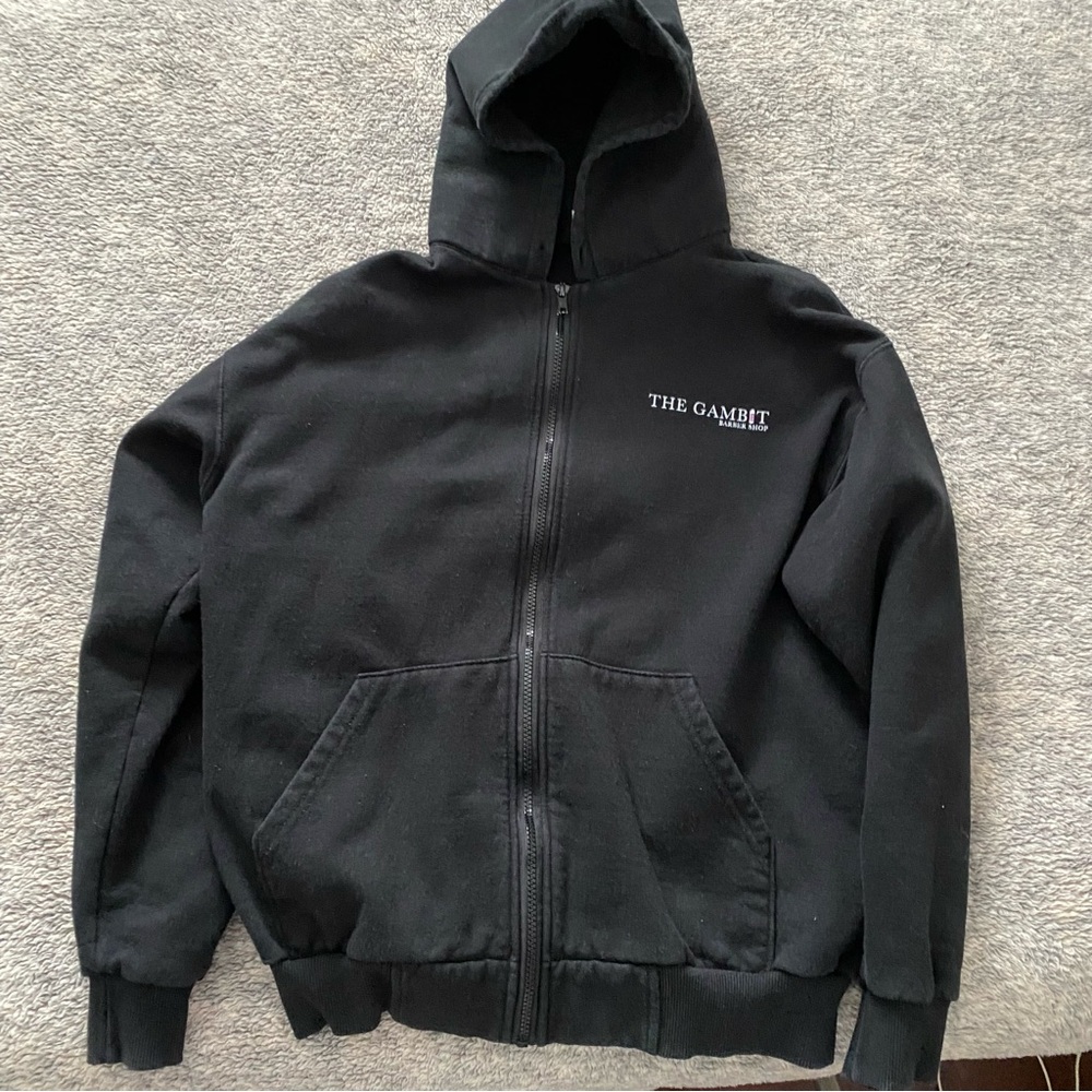 black zip-up hoodie